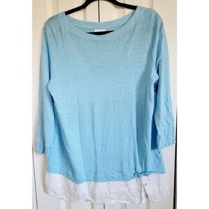J. Jill M Love‎ Linen Knit Tunic Shirt Medium Sky Blue White Trim Button Hem